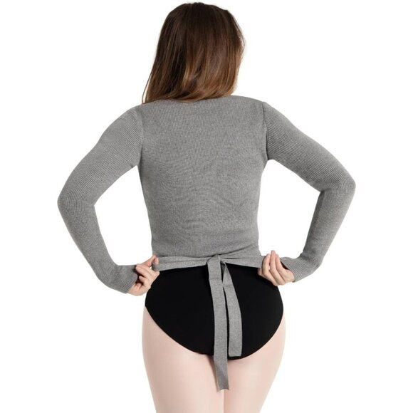 🆕 Capezio Women Grey Knit Long Sleeves V-Neck Self-Tie Hang Dry Wrap Sweater - Picture 3 of 5